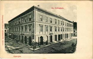 Eperjes, Presov; Evanvélikus Kollégium, Zielinszky, Zacher üzlete. Fénynyomat Divald műintézetéből / Lutheran boarding school, shops (ragasztónyom / glue marks)