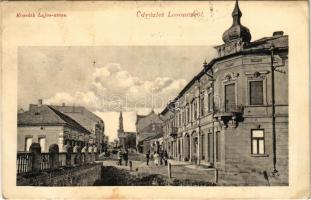 1906 Losonc, Lucenec; Kossuth Lajos utca, üzletek. Redlinger Ignác kiadása / street view, shops (tűnyomok / pin marks)