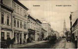 Losonc, Lucenec; Kossuth Lajos utca télen, Schwarcz Jakab és Sipka Albert üzlete, gépraktár / street view in winter, shops