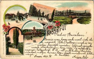 1899 (Vorläufer) Kassa, Kosice; Kossuth Lajos utca, Fő utca, Csermelyvölgyi kioszk, Hernád híd és részletei. Wlaszlovits Gusztáv kiadása / street view, main street, kiosk, restaurant, bridge. Art Nouveau, floral, litho (EK)