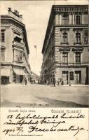 1904 Kassa, Kosice; Kossuth Lajos utca, Strausz üzlete, gyógyszertár. Nyulászi Béla kiadása / street view, shop, pharmacy (EK)