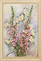 Klie Annamária (1931-2013): Virágok. Olaj, karton, jelzett. Hátoldalán autográf felirattal. Dekoratív fakeretben, 64×50 cm