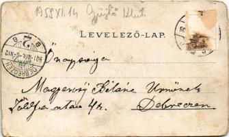 1901 Győr, Kossuth Lajos utca, Hajóhíd a Dunán, Kisfaludy Károly szobor, Szent Benedek rendi főgimná...