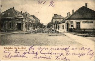 1902 Kiscell, Celldömölk; Kossuth Lajos utca, Szabó József szállodája, Szabó Lajos vendéglője. Radó J. kiadása (szakadás / tear)