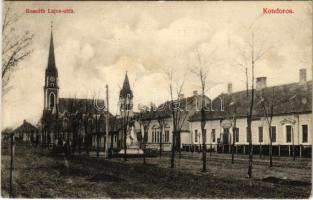 Kondoros, Kossuth Lajos utca, templom, községháza. Nagy Sándor kiadása (fa)