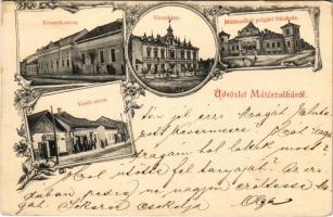 1908 Mátészalka, Kossuth utca, Városháza, Polgári fiúiskola, Vasút utca, Feldman Testvérek üzlete. Art Nouveau, floral (EK)