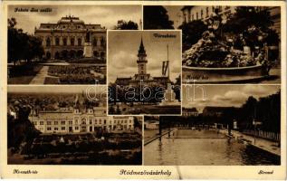 1939 Hódmezővásárhely, Kossuth tér, Fekete Sas szálloda, Artézi kút, Városháza, Országzászló, Strand