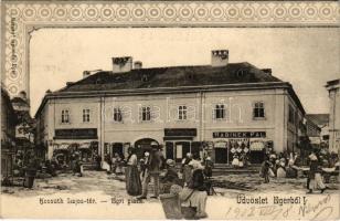 1902 Eger, Kossuth Lajos tér, piac, Rabinek Pál, Kanitz Lipót és Fia üzlete. Baross nyomda