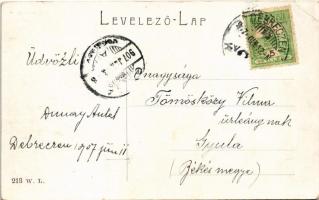 1907 Debrecen, Kossuth utca, Kontsek Kornél üzlete, villamos. W.L. 213. (EK)