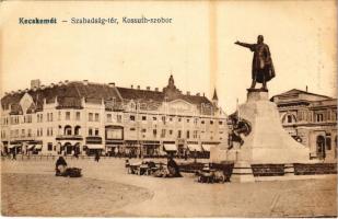 Kecskemét, Szabadság tér, Kossuth szobor, piac, Fuchs Samu és Réthey Gyula üzlete. Vasúti levelezőlapárusítás 465. (fa)