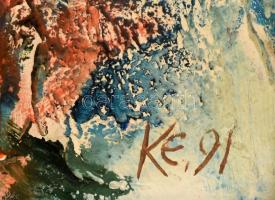 Kiss Elek (1938-1995): Színes kép, 1990. Olaj, vegyes technika, farost. Jelezve jobbra lent. 38x38 c...