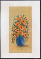Stefan Grecu (?-?): Virágcsendélet. Pasztell, tus, papír, jelzett, paszpartuban, 20x10 cm