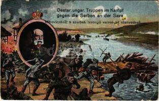 Mitroviczánál a szerbek iszonyú vereséget szenvednek, Ferenc József / Österr. ungar. Truppen im Kampf gegen die Serben an der Save / WWI K.u.k. military, Franz Joseph (EK)