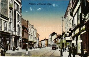 Miskolc, Széchenyi utca, villamos, üzletek (fa)
