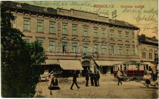 1909 Miskolc, Korona szálló, villamos, Böczögő és Papp étterme . Grünwald Ign. kiadása