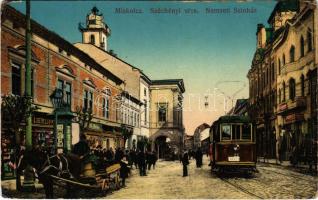 Miskolc, Széchenyi utca, Nemzeti színház, villamos, Liebling és Ungár József üzlete. Grünwald I. kiadása (EB)