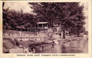 1937 Budapest III. Római fürdő, Rómaifürdő, Dunaparti részlet, Bodnár kert vendéglő és étterem. Özv. Libohorszky Józsefné kiadása (fl)