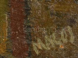 Magos Gyula (1932-1995): Ebédelők. Olaj, vászon, jelezve jobbra lent. 33x41 cm nagyon apró lyukkal