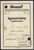 1938 A Nemzet ellenzéki lap fényképes sajtóigazolványa Zuckmann Béla részére
