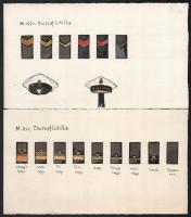 Magyar Királyi Dunai Flottila rangjelzései, egyenruhái, 4 db akvarellillusztráció, 14×24,5 cm