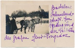 1926 Bashalom (Tiszaeszlár), Pongrácz kastély kápolnája, Gróf Pongrácz Jenő lovas szánon télen + saját levele. photo + POSTAI ÜGYN.