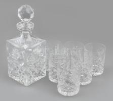 Ólomkristály whiskey készlet 6 pohárral, jelzés nélkül, szép állapotban kopásokkal, m: 25,5 cm, poharak. 9,5 cm