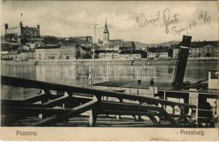 1906 Pozsony, Pressburg, Bratislava; vár, gőzhajó. Verlag "Bediene dich allein" / castle, steamship (szakadás / tear)