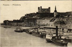 1916 Pozsony, Pressburg, Bratislava; vár, gőzhajó, rakpart, uszályok / castle, steamship, quay, barges (fa)