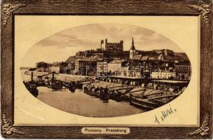 1913 Pozsony, Pressburg, Bratislava; vár, rakpart, uszályok / castle, quay, barges (EB)