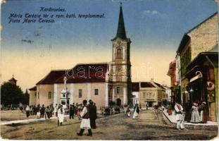 1916 Karánsebes, Caransebes; Mária Terézia tér, római katolikus templom, piac, Reisz üzlete / square, church, market, shops (small tear)