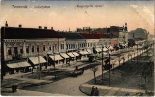 Temesvár, Timisoara; Józsefváros, Hunyady tér, villamos, Nissim testvérek, Moravetz testvérek és Deutsch Testvérek üzlete. Feder R. Ferenc kiadása / Iosefin, square, shops, tram (Rb)
