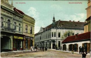 Kézdivásárhely, Targu Secuiesc; Református bérpalota, Rácz András, Zalaváry Béla üzlete / street view, shops (EK)