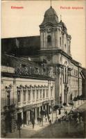 Kolozsvár, Cluj; Piaristák temploma, Hermann Herman, Somi Imréné utóda, Schwartz József, Muntyán Péter üzlete. Fabritius Erik és Társa kiadása / church, shops (EK)