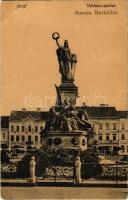 Arad, Vértanú szobor, Schwarz Testvérek, Weigl, Bogsán és Iványi, Kovács üzlete. Vasúti levelezőlapárusítás 24. sz. 1918. / Statuia Martirilor / statue, monument, shops (r)