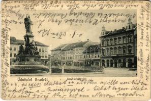 1900 Arad, Szabadság tér, Vértanú szobor, Fiume kávéház, Färber Lajos és Társa, Vasóczy és Nadler üzlete. Bloch H. kiadása / square, statue, monument, shops, café (EB)