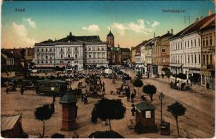 Arad, Szabadság tér, piac, lóvasút, Limbeck János és Fia üzlete / market square, horse-drawn tram, shops (kopott sarkak / worn corners)
