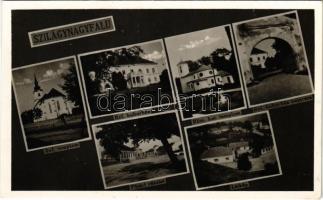 1943 Szilágynagyfalu, Nusfalau; Református templom, kultúrház és bejárata, Római katolikus templom, Fő tér, látkép / Calvinist church and community center, Catholic church, main square, general view