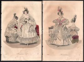1835 10 db biedermeier divatkép a Honművész folyóiratból, színezett rézmetszet, papír, jelzett a metszeten, foltos, 22x14,5 cm