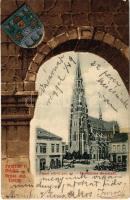 1901 Eszék, Osijek, Essegg; Zupna crkva gor. gr. Pfarrkirche Oberstadt. Victor Fritsche / Felsővárosi Plébániatemplom. Címeres szecessziós litho keret / church, market. Art Nouveau coat of arms litho (kis szakadás / small tear)