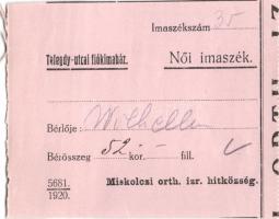 5db klf izraelita értékjegy, vágatási bárca, női imaszék bérlet 1920-tól