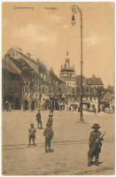 1910 Segesvár, Schässburg, Sighisoara; Marktplatz / Piac tér, üzletek. Fritz Teutsch / market square, shops