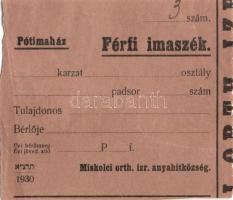 5db klf izraelita értékjegy, vágatási bárca, férfi imaszék bérlet 1924-től