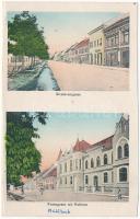 Szászsebes, Mühlbach, Sebesul Sasesc, Sebes; Siculorumgasse, Rosengasse mit Rathaus, Apotheke / utcaképek, városháza, gyógyszertár, Baumann üzlete / streets, town hall, pharmacy, shop (képeslap füzetből / from postcard booklet)
