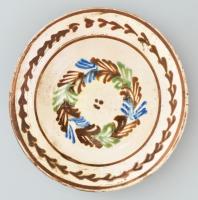 Antik erdélyi népi tányér, kézzel festett cserép, korának megfelelő sérülésekkel, d: 20,5 cm