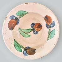 Antik erdélyi népi tányér, kézzel festett cserép, korának megfelelő sérülésekkel, d: 20,5 cm