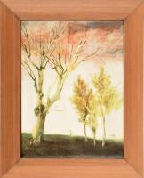 Szász Endre (1926-2003) porcelán kép, festményének kicsinyített másolatával, nyomtatott jelzéssel, számozott: 250/116 a hátoldalán. Fakeretben, 20x15 cm