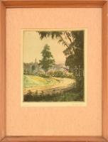 Kaveczky Zoltán (1897-1965): Országút, színezett rézkarc, papír, jelzett, üvegezett fakeretben, 24,5×22 cm