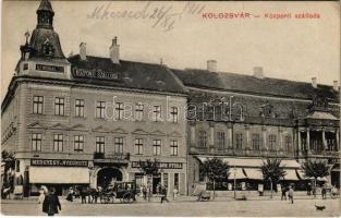 Kolozsvár, Cluj; Nagy Gábor Központi szálloda és saját hintója, Medgyesy és Nyegrutz és Biasini Sándor utóda üzlete. Deák Ferenc tőzsde kiadása / hotel, shops (EK)