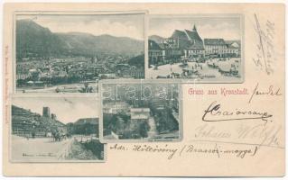 1899 (Vorläufer) Brassó, Kronstadt, Brasov; Marktplatz, Evgl. Mädchenschule, Schwarzer und weisser Thurm / Piac tér, leány iskola, Fekete és fehér torony. Wilh. Hiemesch kiadása / market square, girl school, towers (EB)