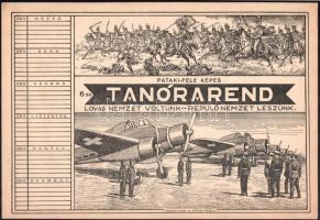 cca 1930-1940 Pataki-féle képes tanórarend, 2 db különböző (repülős, magyar népviseletek), kitöltetlen, az egyiken kis lapszéli szakadások, 29,5x20 cm és 31,5x23 cm